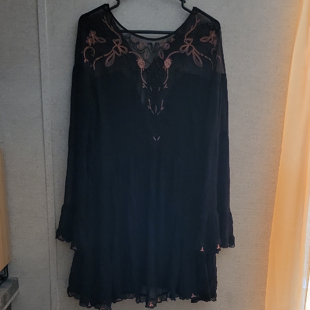 Free People Black Long Sleeve Dress with Pink Embroidery
